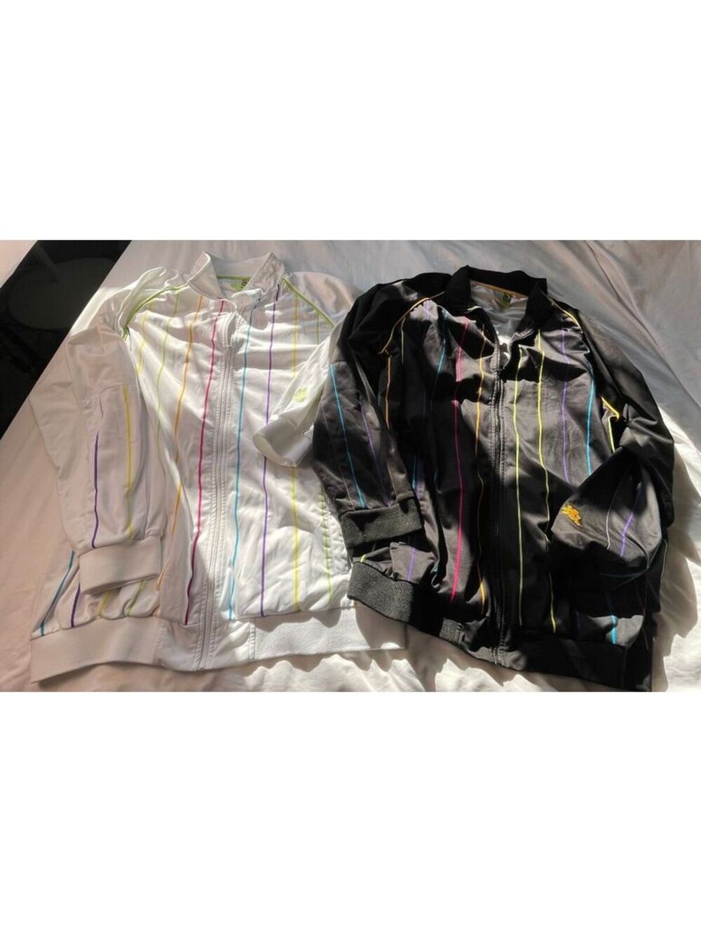 Y2K Baby Bluez 2XL White and Black Zip-Up Jackets with Colorful Stripes Late 90s